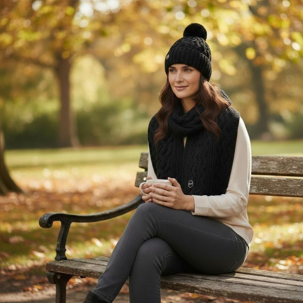 MICHAEL KORS Women's Classic Cable Knit Hat and Scarf Gift Box Set Black